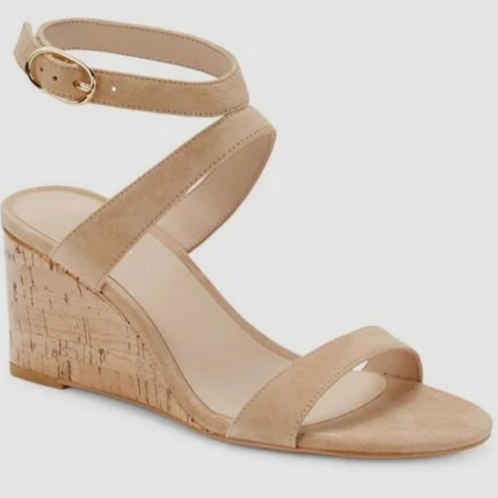 Stuart Weitzman "AVE" Cork Wedge Suede Sandals - $495 - Beige/Tan - Size 9